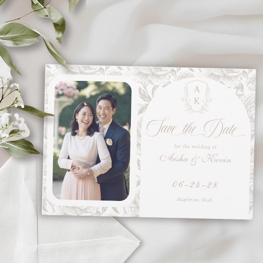 Save The Date Crest Monogramme Pale Taupe Script Photo