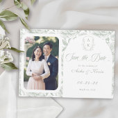 Save The Date Crest Monogramme Sage Green Script Photo