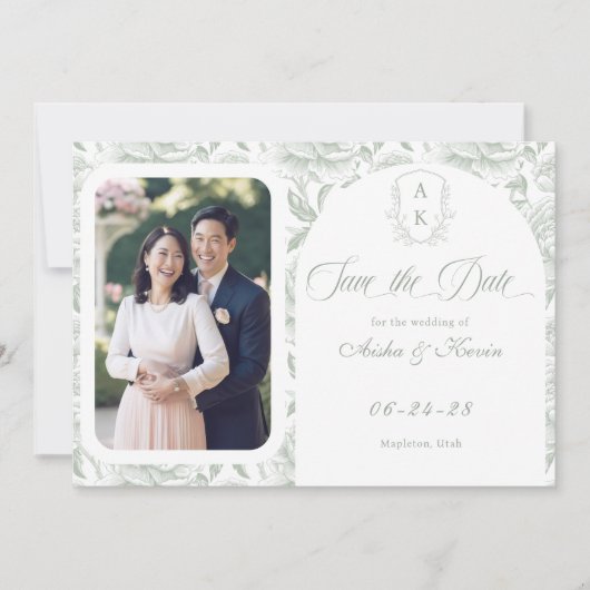 Save The Date Crest Monogramme Sage Green Script Photo (Devant)