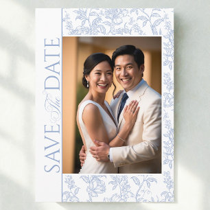 Save The Date Crête de mariage bleu floral chinoiserie