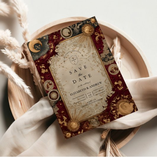 Save The Date Crimson Celestial Baroque Wedding