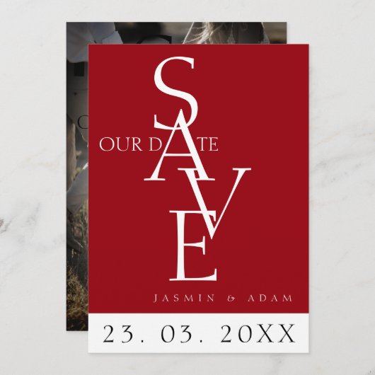 Save The Date Crimson minimal rouge blanc Mariage photo simple (Devant / Derrière)