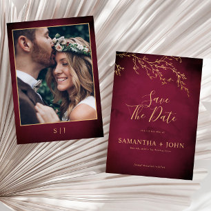 Save The Date Crimson Red & Gold Botanical Photo élégante