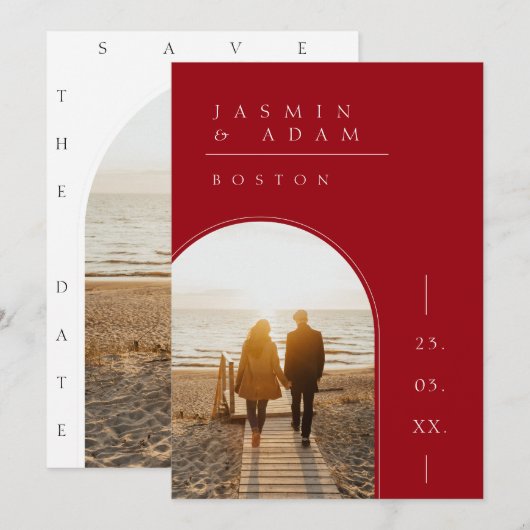 Save The Date Crimson Red White Simple Photo Mariage (Devant / Derrière)