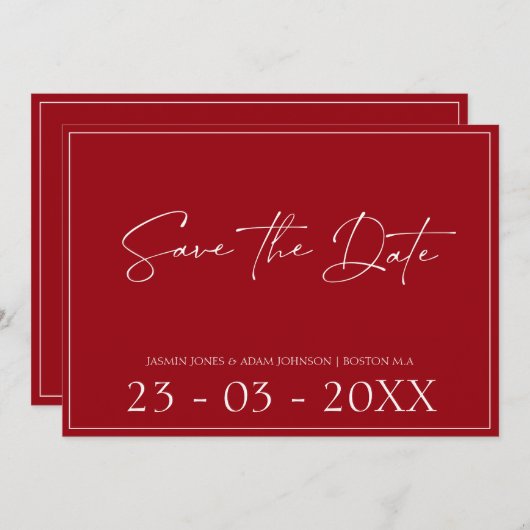 Save The Date Crimson Rouge minimal Mariage Script Enregistrer L (Devant / Derrière)