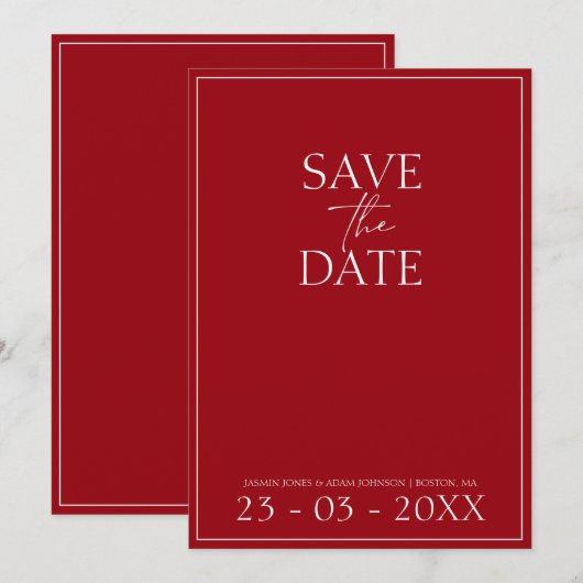 Save The Date Crimson rouge minimal mariage Script Enregistrer l (Devant / Derrière)