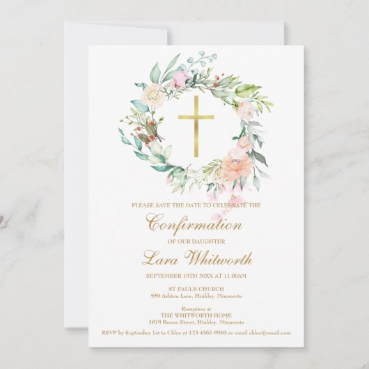 Save The Date Croix dorée Fleurs aquarelle Confirmation (Devant)