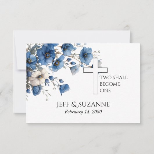 Save The Date Croix Florale Bleue Deux deviennent un Mariage (Devant)