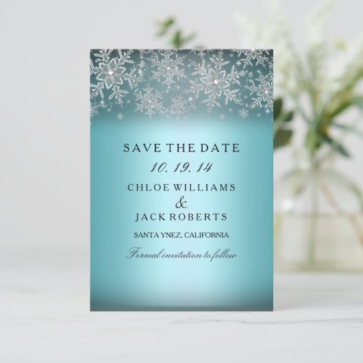 Save The Date Crystal Snowflake Blue Winter Enregistrer La Date (Debout devant)