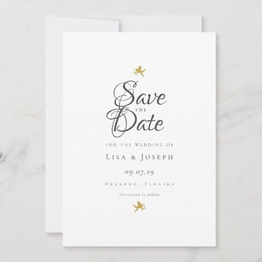 Save The Date Cupidons dorés d'écriture élégante moderne (Devant)