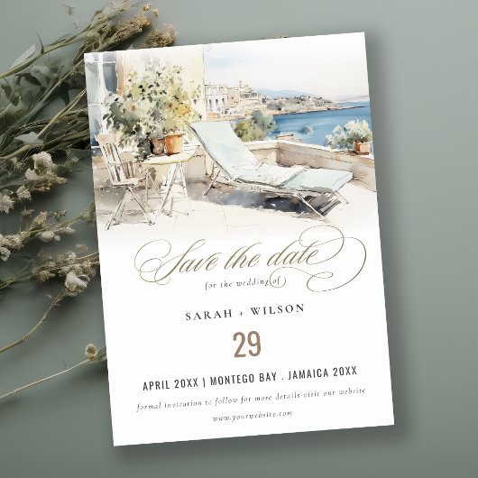 Save The Date Curfu Grèce Mariage de paysage aquarelle