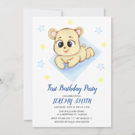 Save The Date Cute Bear Thème Fête d'anniversaire du garçon (Devant)