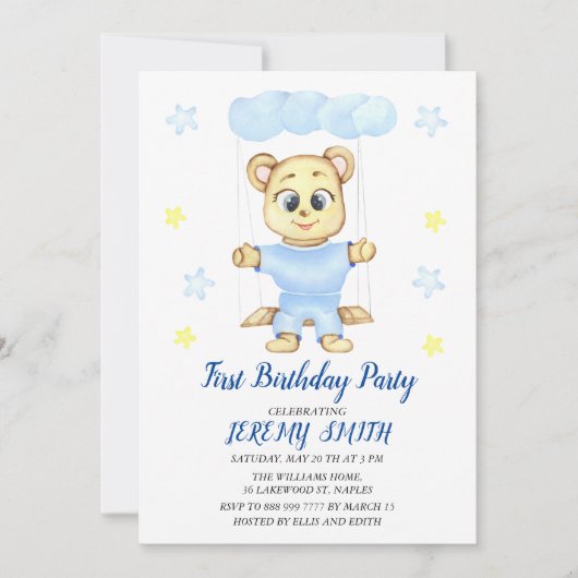 Save The Date Cute Bear Thème Fête d'anniversaire du garçon (Devant)