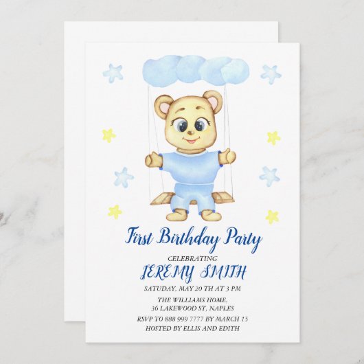 Save The Date Cute Bear Thème Fête d'anniversaire du garçon (Devant / Derrière)