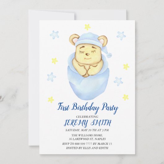 Save The Date Cute Bear Thème Fête d'anniversaire du garçon (Devant)