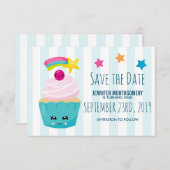 Save The Date Cute Blue Cupcake avec Kawaii Face Anniversaire (Devant / Derrière)