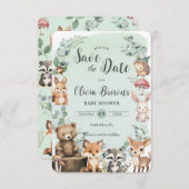 Save The Date Cute Bois Animaux Végétation Baby shower vert (Devant / Derrière)