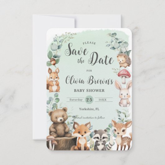 Save The Date Cute Bois Animaux Végétation Baby shower vert (Devant)
