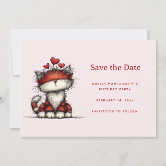 Save The Date Cute Cat with Red Love Hearts (Devant)