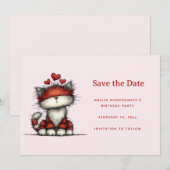 Save The Date Cute Cat with Red Love Hearts (Devant / Derrière)