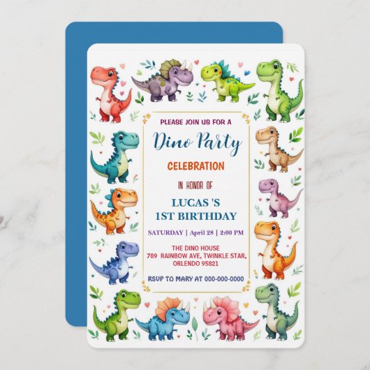Save The Date Cute DIno Baby Dinosaures 1er fête d'anniversaire (Devant / Derrière)