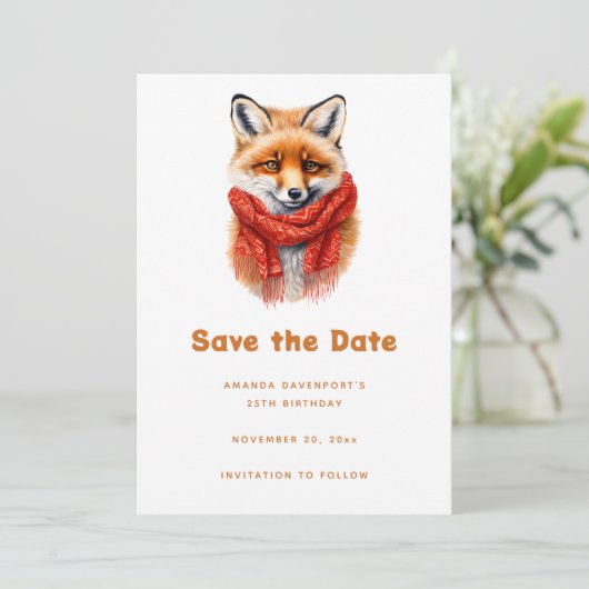 Save The Date Cute Fox in a Red Scarf Autumn Image Birthday (Debout devant)