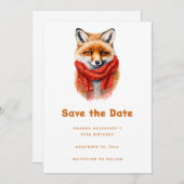 Save The Date Cute Fox in a Red Scarf Autumn Image Birthday (Devant / Derrière)