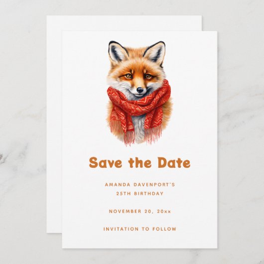 Save The Date Cute Fox in a Red Scarf Autumn Image Birthday (Devant / Derrière)