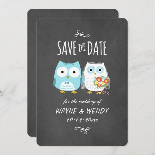 Save The Date Cute Owls Mariage Chalkboard Style Enregistrer la  (Devant / Derrière)