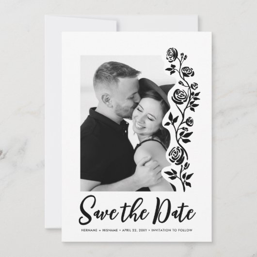 Save The Date Cute photo Noir Blanc Rose QR Code Site Web (Devant)