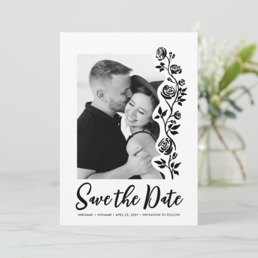 Save The Date Cute photo Noir Blanc Rose QR Code Site Web (Debout devant)