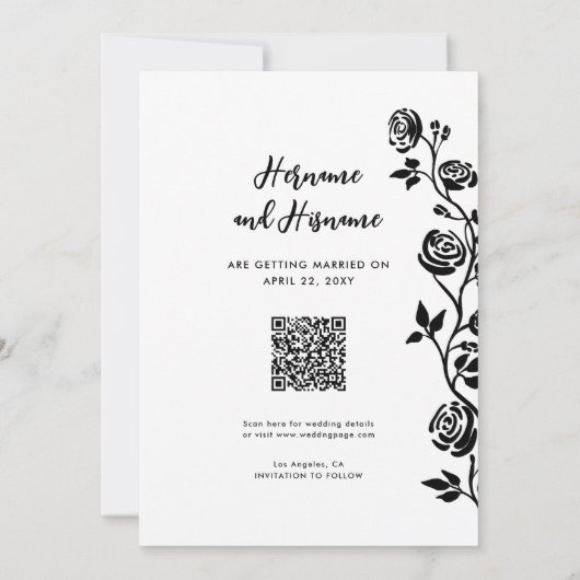Save The Date Cute photo Noir Blanc Rose QR Code Site Web (Dos)