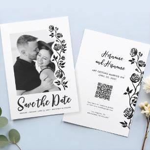 Save The Date Cute photo Noir Blanc Rose QR Code Site Web