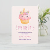 Save The Date Cute Pink Cupcake Unicorn avec Rose Anniversaire (Debout devant)