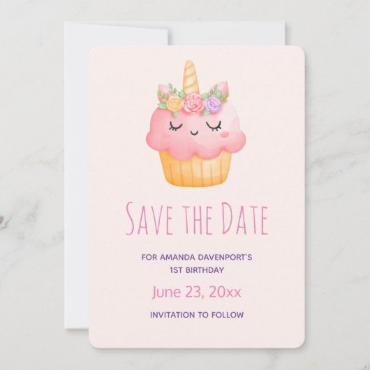 Save The Date Cute Pink Cupcake Unicorn avec Rose Anniversaire (Devant)