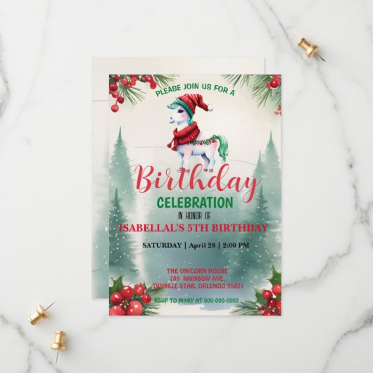 Save The Date Cute Red licorne Père Noël fête d'anniversaire Noë (Devant/Arrière en situation)