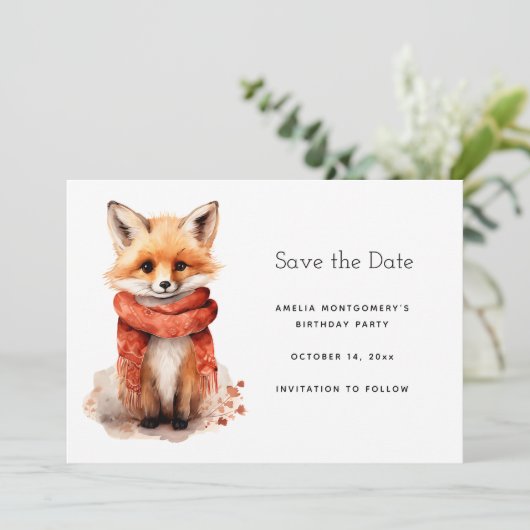 Save The Date Cute Smiling Fox Pup in a Red Scarf (Debout devant)