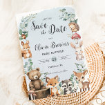 Save The Date Cute Woodland Animaux Baby shower vert bleu<br><div class="desc">Personnalisez ce joli bois sauvez la date facilement et rapidement. Cliquez simplement sur le bouton customiser pour modifier les textes,  modifier les polices et les couleurs des polices. Doté d'adorables petits animaux en bois. Objets correspondants disponibles en magasin. c) Somerset Fine Paperie</div>