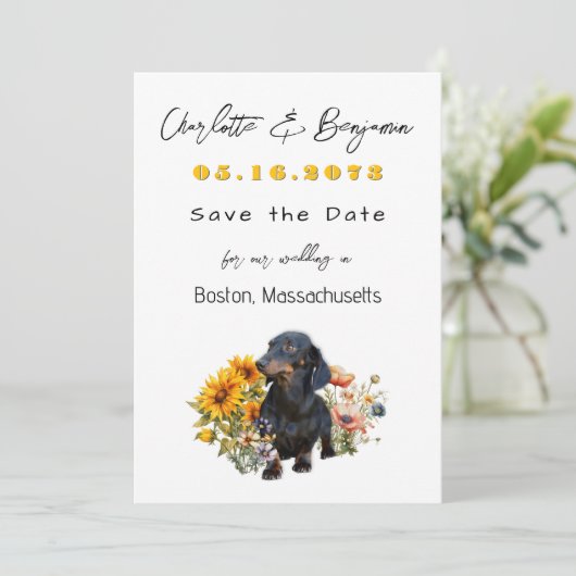 Save The Date Dachshund Chien et Fleurs sauvages Enregistrer la  (Debout devant)