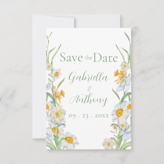 Save The Date Daffodique jaune et blanc vert floral Script (Devant)