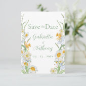 Save The Date Daffodique jaune et blanc vert floral Script (Debout devant)
