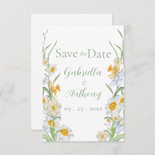 Save The Date Daffodique jaune et blanc vert floral Script (Devant / Derrière)
