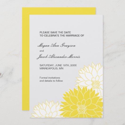 Save The Date Dahlia jaune sur Grey (Devant / Derrière)