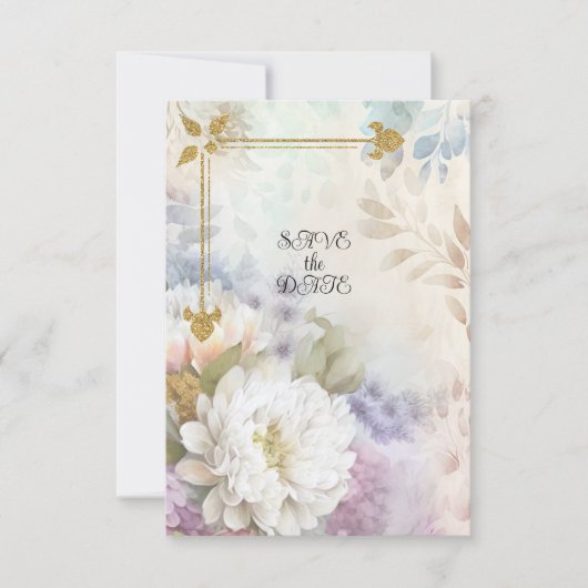 Save The Date Dahlias blanc avec accents pastel violet et bleu (Devant)