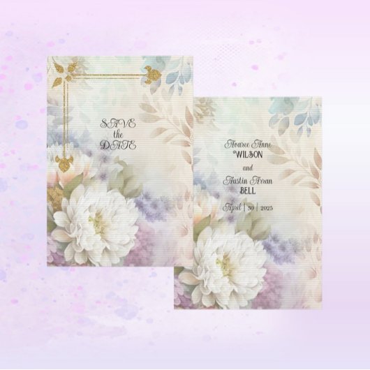 Save The Date Dahlias blancs avec des accents de pastel violet e