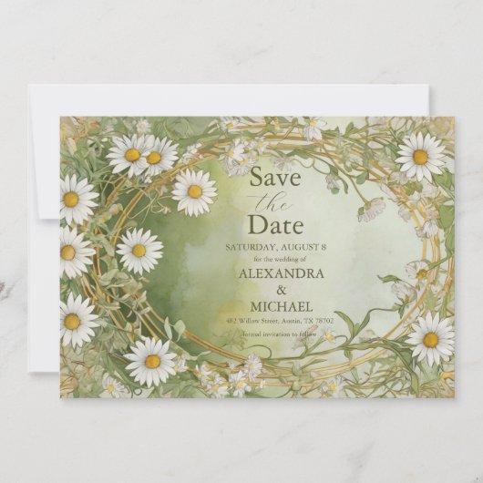 Save The Date Daisées Art Nouveau Mariage vert ivoire (Devant)