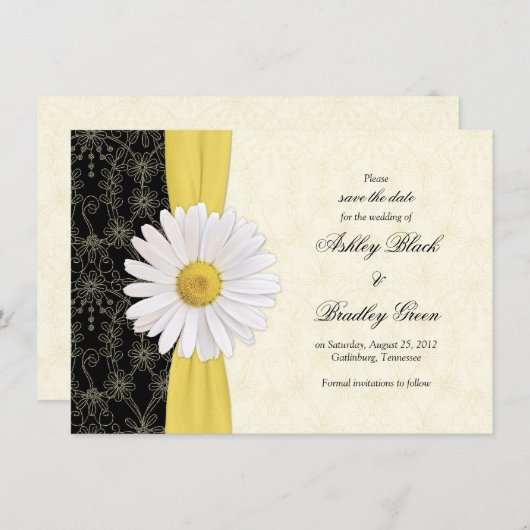 Save The Date Daisy Black Yellow, Mariage en ivoire Enregistrer  (Devant / Derrière)