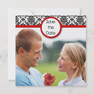 Save The Date Damas noir sur fond blanc avec garniture rouge, ca