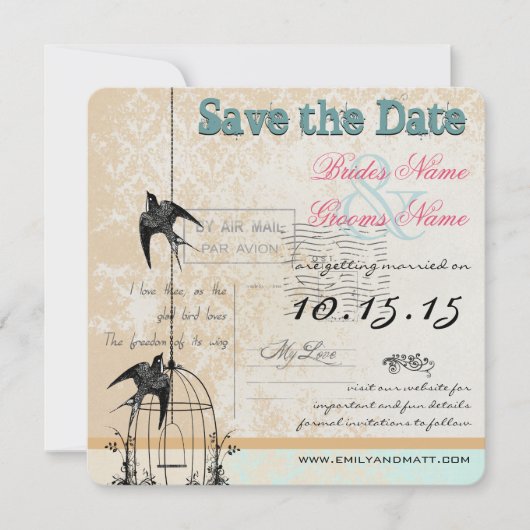 Save The Date Damask Birdcage mariage Enregistrer la date rose v (Devant)