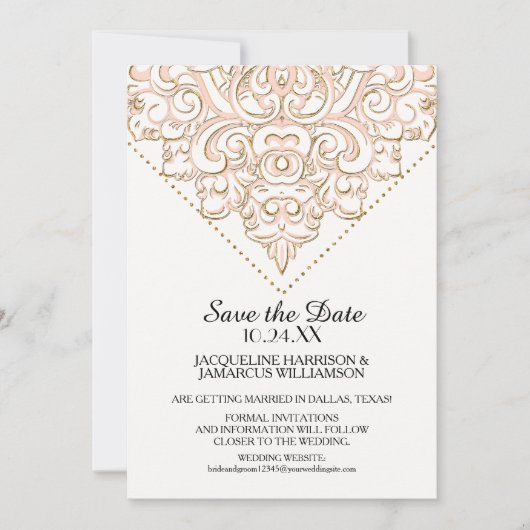 Save The Date Damask Pattern Gold Dot Lace Enregistrer la date P (Devant)